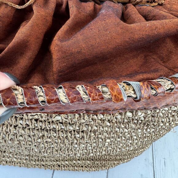 VTG Beirn Brown Cotton Raffia and Leather Trim Shoulder Tote Bag Hand Made - Picture 13 of 15